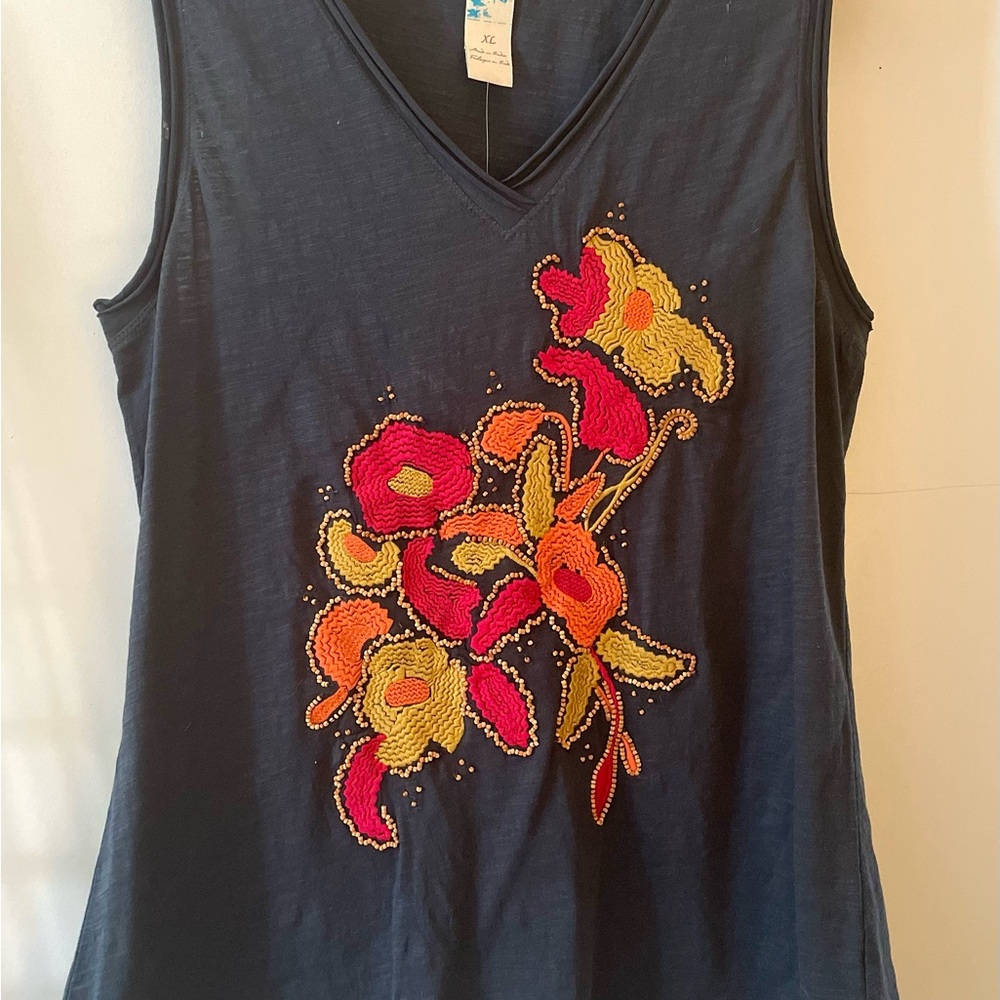 NWT Anthropologie Charcoal Gray Beaded Floral Tank Top